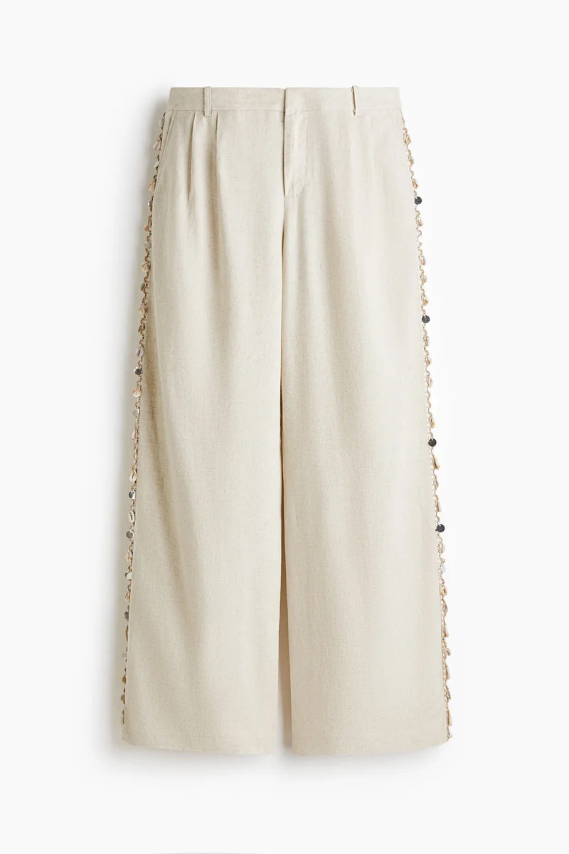 Embellished Linen Blend Trousers