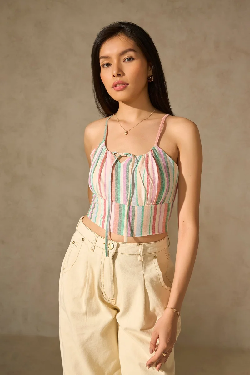 Linen Striped Front Tie Crop Top
