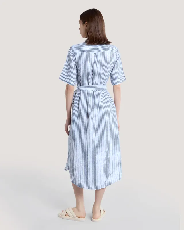 Blue and White Striped Linen Shirt Dress - Midi Length – image 2
