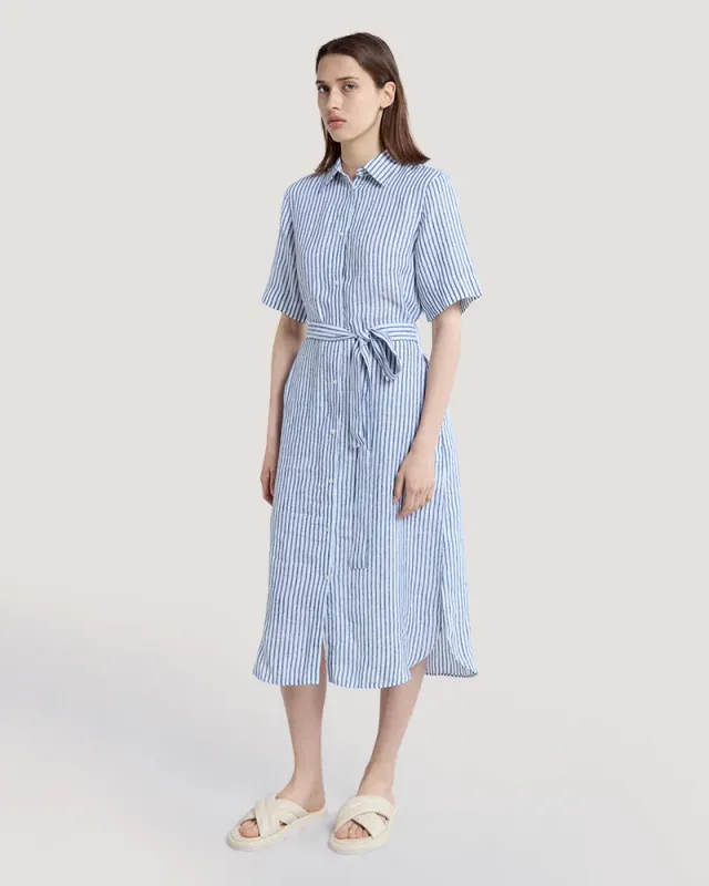 Blue and White Striped Linen Shirt Dress - Midi Length – image 3