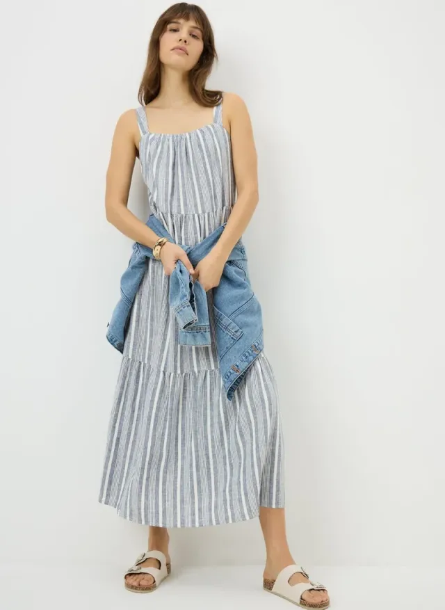 Stripe Linen Rich Midaxi Dress Blue