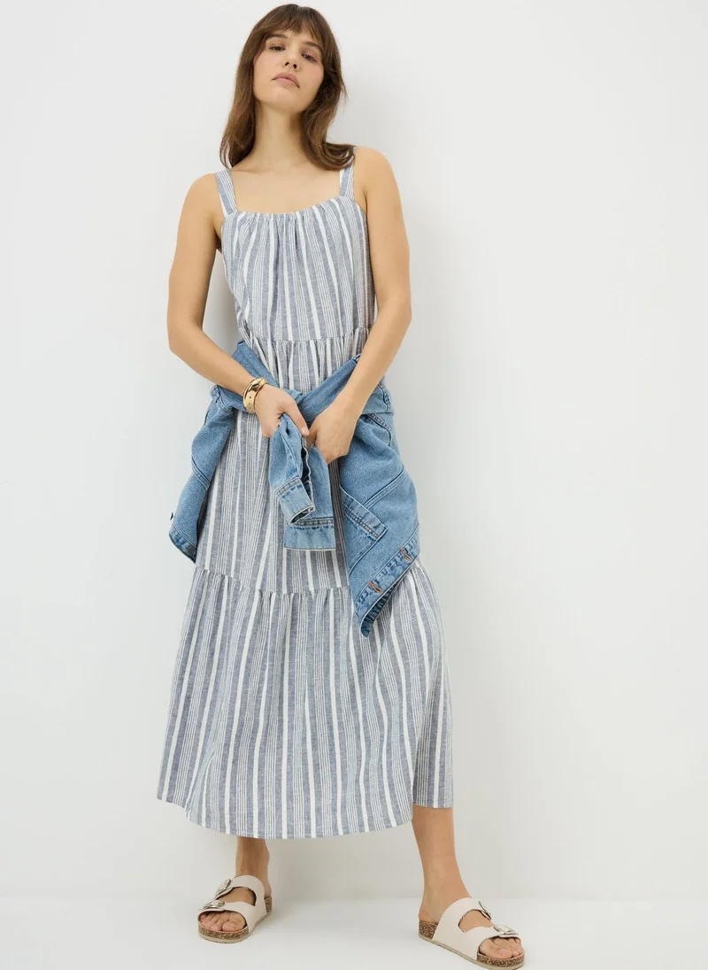 Stripe Linen Rich Midaxi Dress Blue