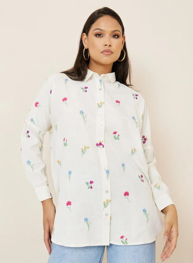 Embroidered Linen Look Longline Shirt