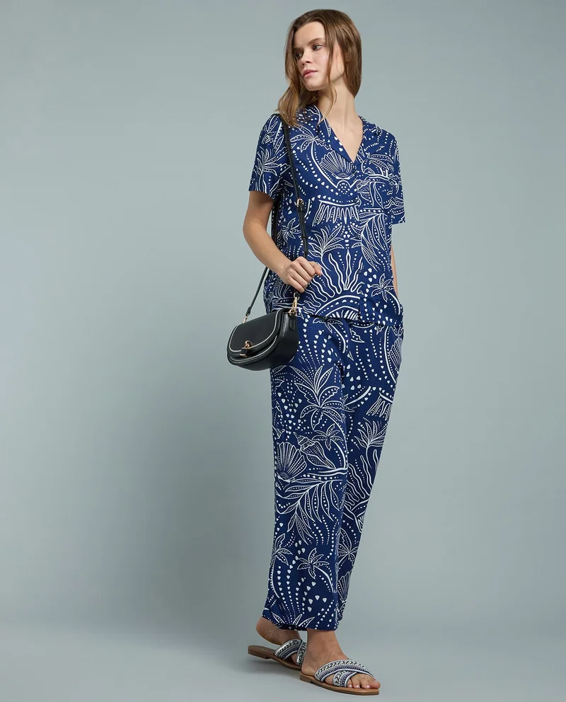 Patterned Linen Wide Leg Drawstring Pants