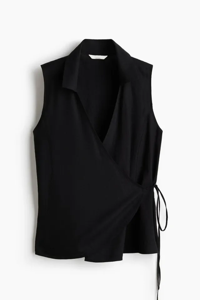 Black Fitted Linen-Blend Asymmetric Wrap Top for Women – image 5
