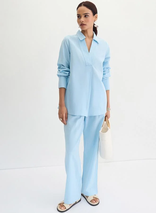 Cotton Linen Straight Pants Light Blue