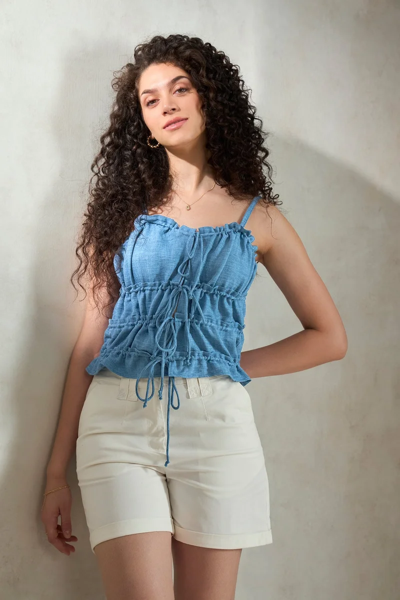 Linen Tiered Tie Front Cami Top