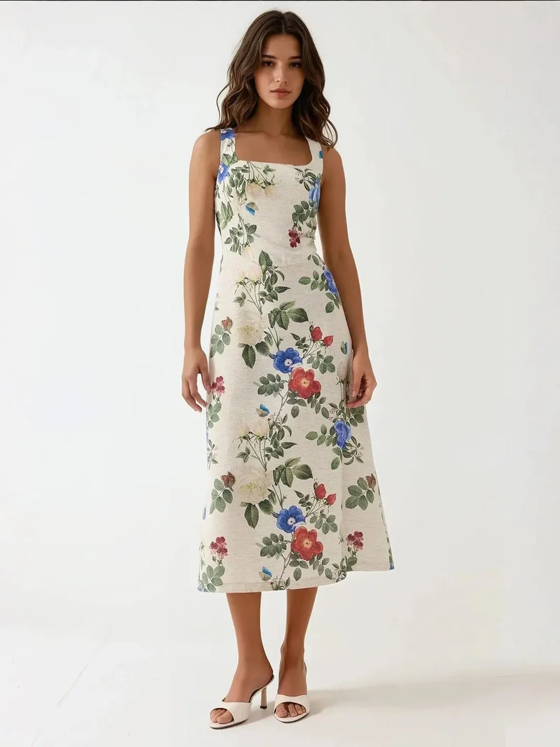 Linen-Feel Floral Print Maxi Dress