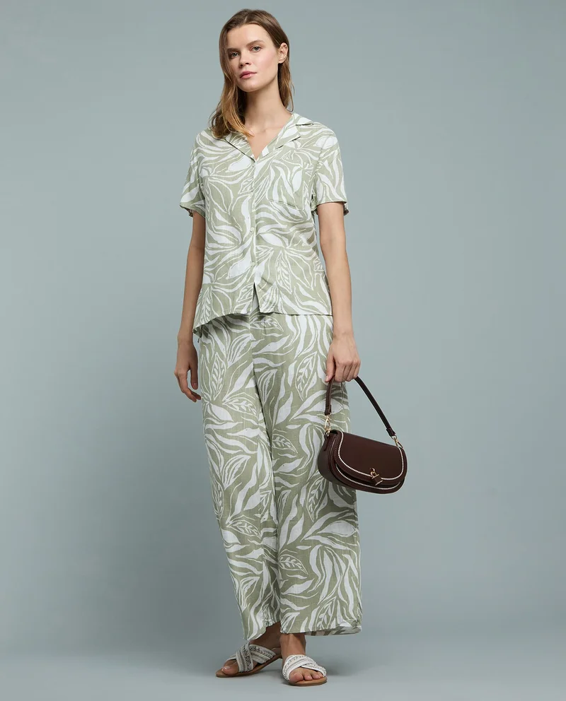 Patterned Linen Wide Leg Pants with Drawstring Waist