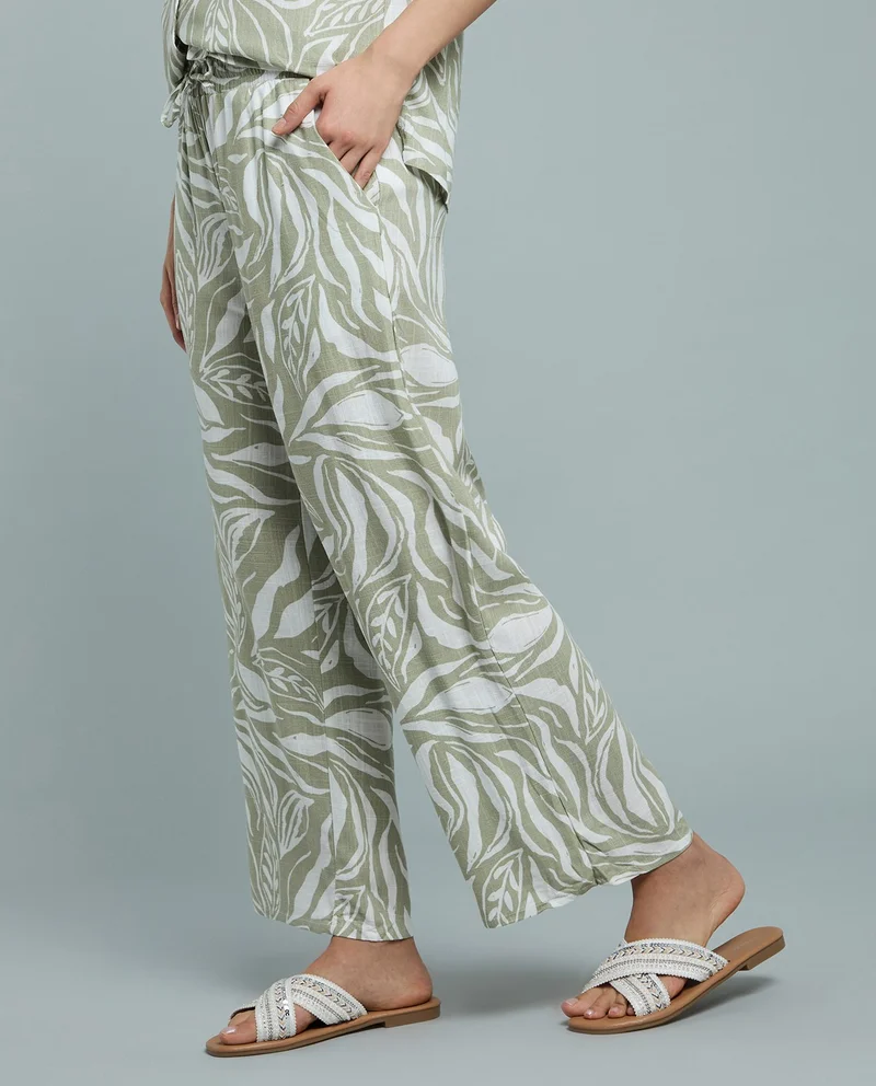 Patterned Linen Wide Leg Pants with Drawstring Waist