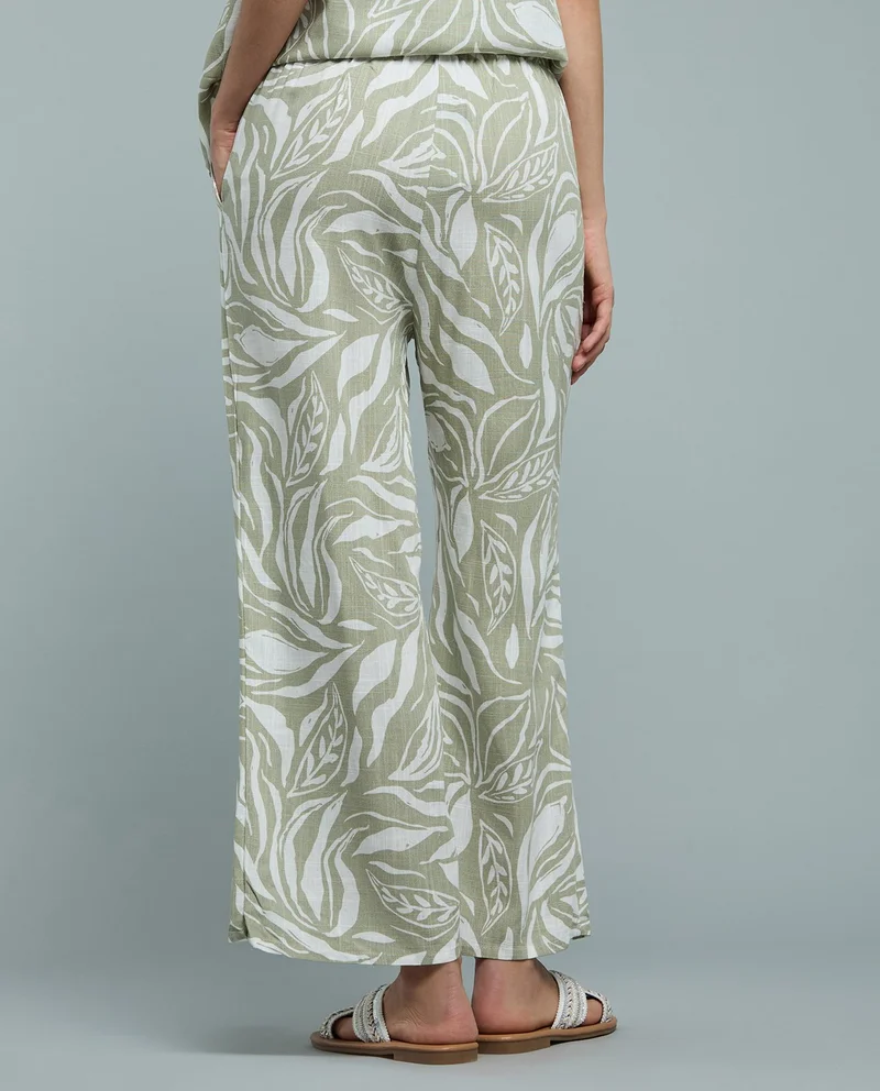 Patterned Linen Wide Leg Pants with Drawstring Waist