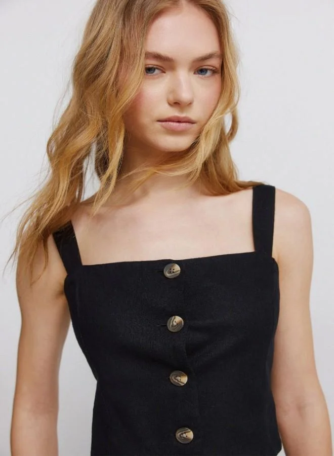 Linen Short Strappy Button Vest Top Black