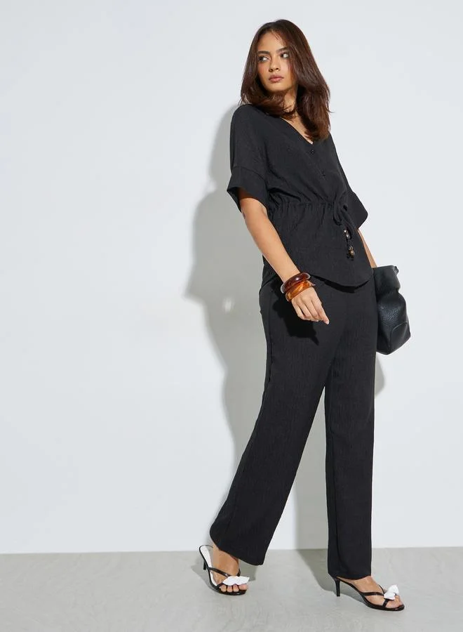 Beaded Drawstring Open Collar Top and Pants Set Black