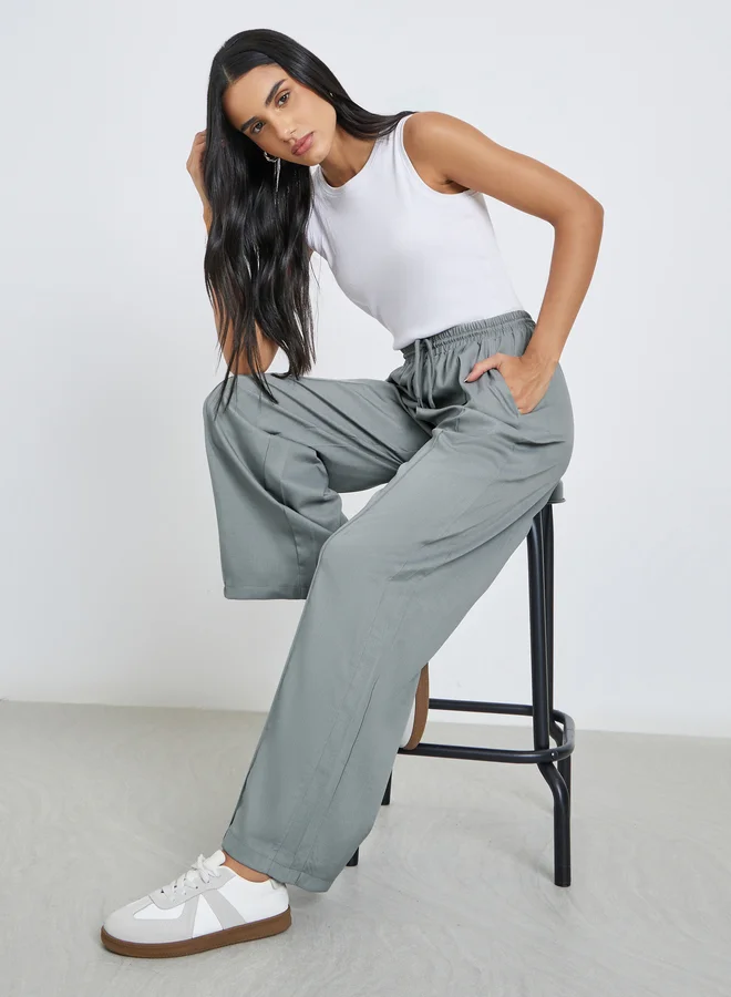 Pintuck Linen Look Wide Leg Pants Grey