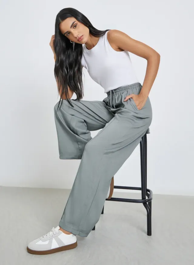 Pintuck Linen Look Wide Leg Pants Grey