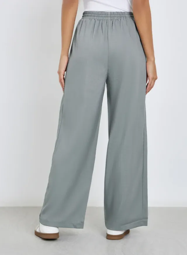 Pintuck Linen Look Wide Leg Pants Grey – image 4