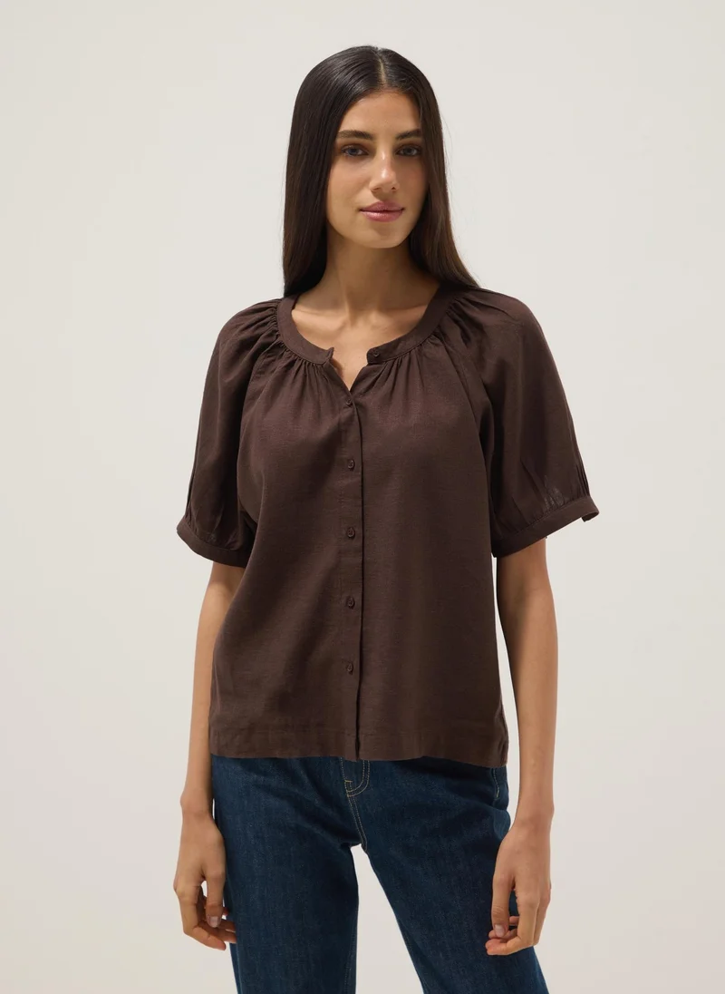 Linen Blend Regular Fit Mandarin Collar Shirt, Brown