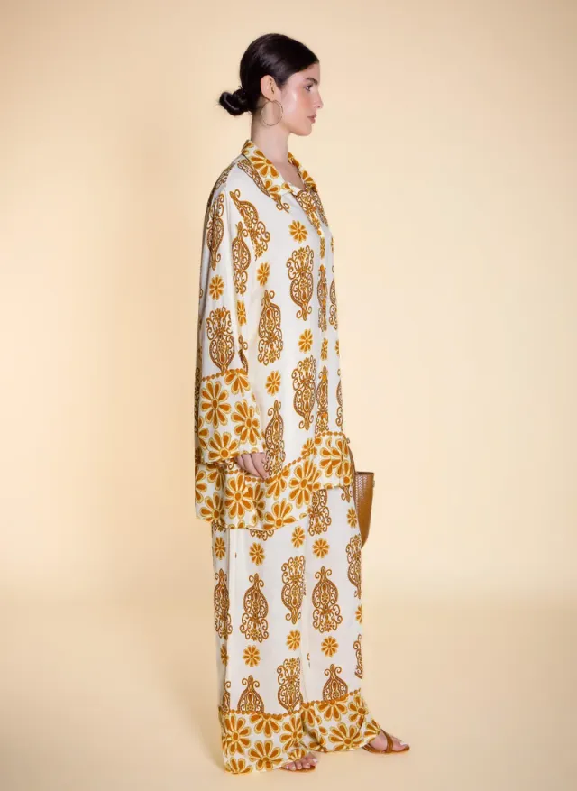 Printed Linen Blend Shirt and Wide-Leg Pants Set - Yellow – image 3