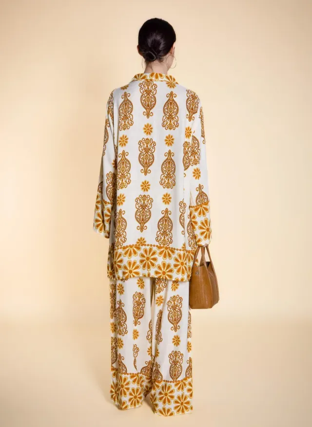 Printed Linen Blend Shirt and Wide-Leg Pants Set - Yellow – image 4