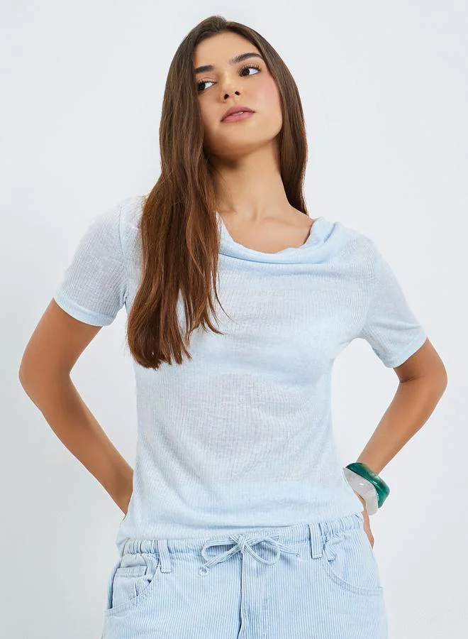 Linen Look Cowl Neck T-Shirt, Green