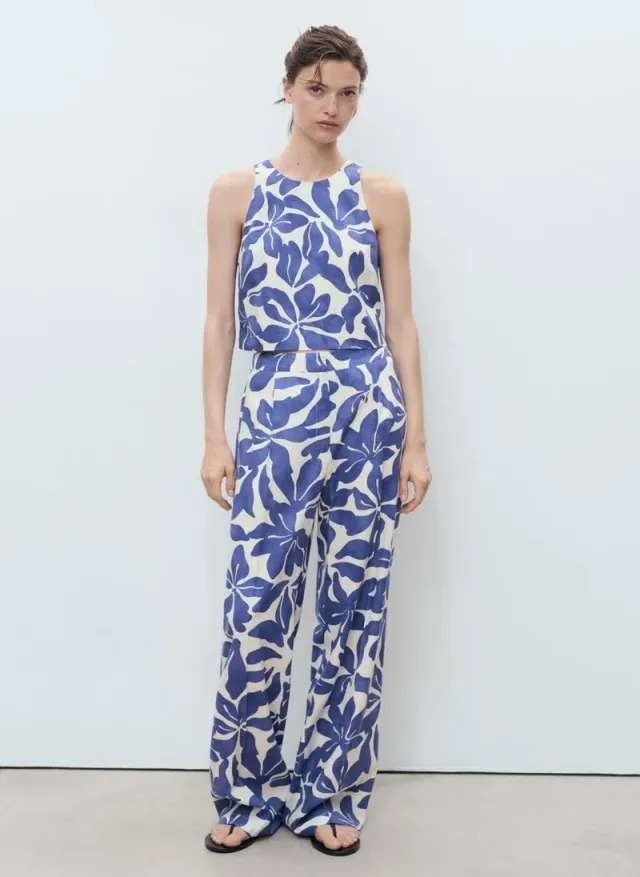 Blue Floral Print Viscose-Linen Trousers for Women – image 5