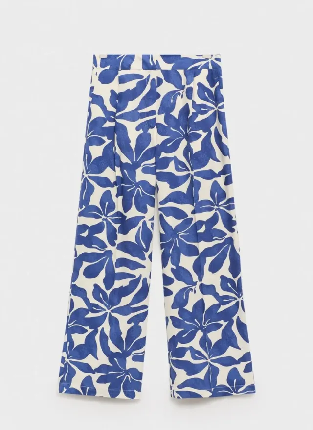 Blue Floral Print Viscose-Linen Trousers for Women – image 6