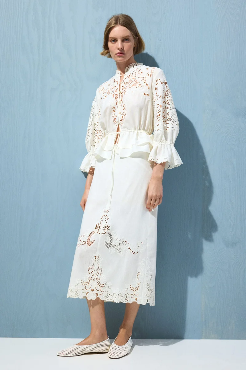 Linen-Blend Broderie Anglaise Skirt
