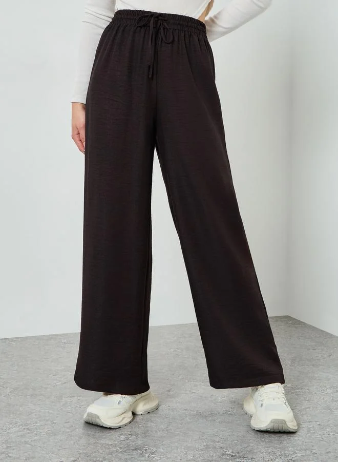 Linen Look Wide Leg Pants Coffee Brown