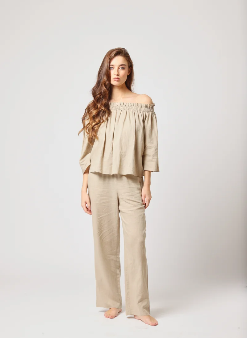 Wide Leg Linen Blend Drawstring Pants Beige