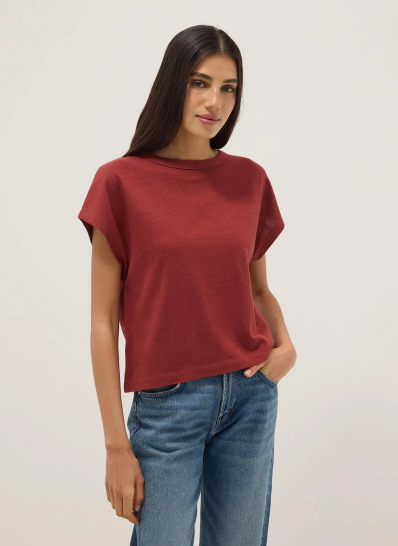 OVS Cotton-Linen Short-Sleeve T-Shirt Regular Fit, Red