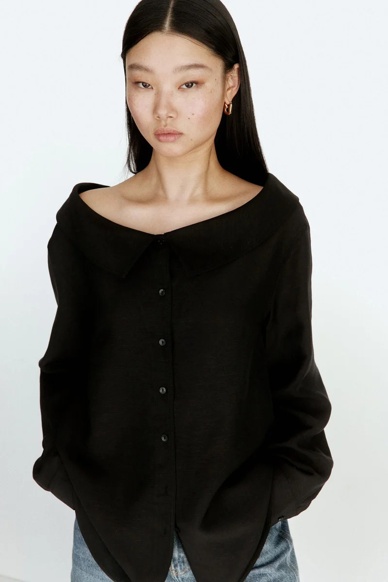 Linen Blend Off-the-Shoulder Shirt