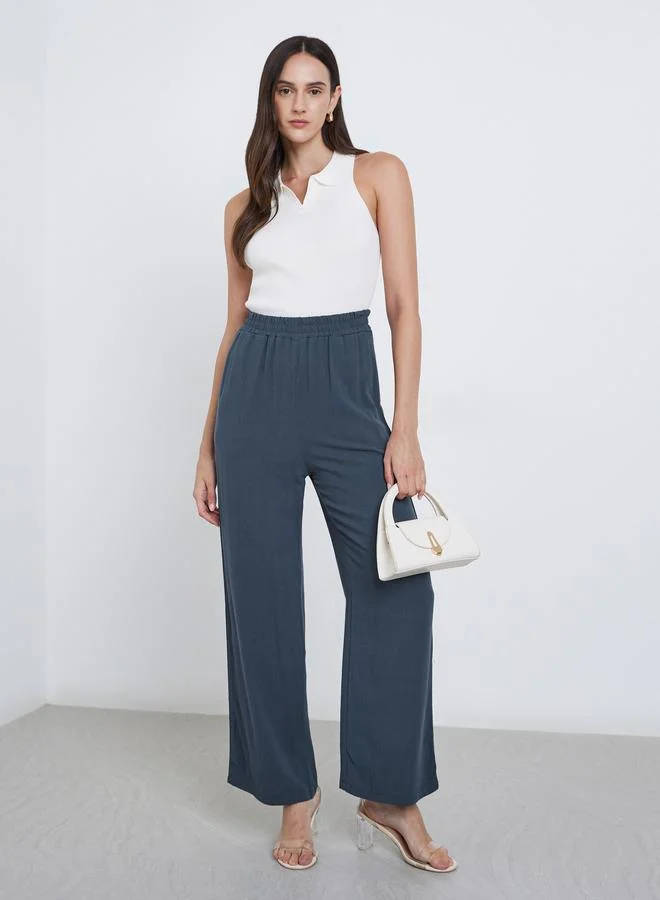 Linen Look Elastic Waist Pants Khaki