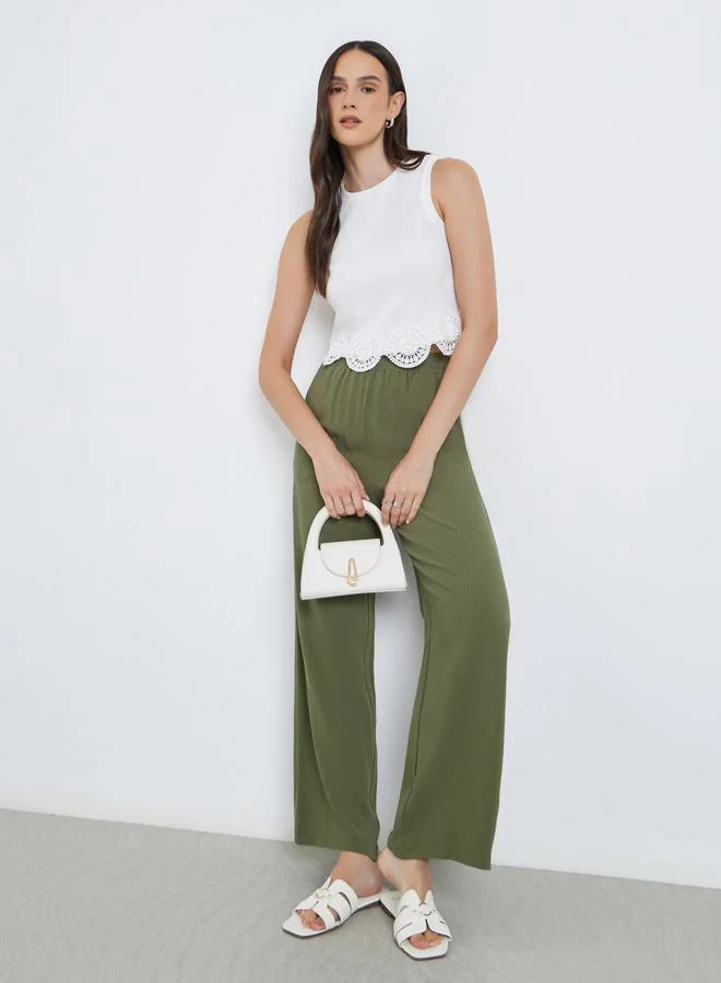 Linen Look Elastic Waist Pants Charcoal