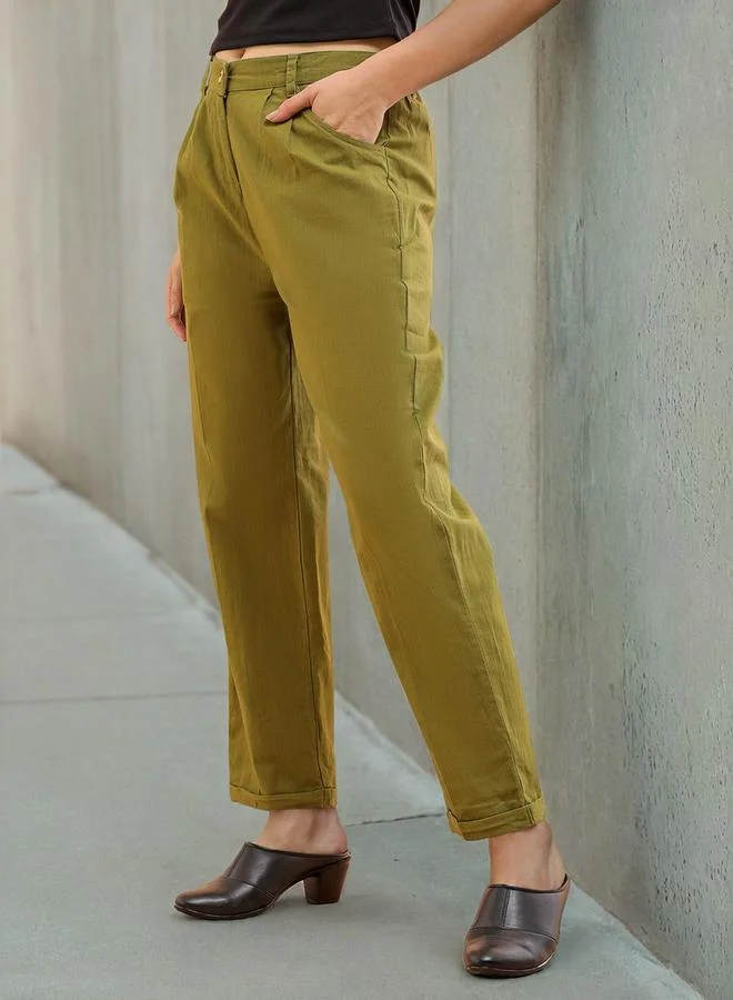 Regular Fit Linen Trousers Olive Green