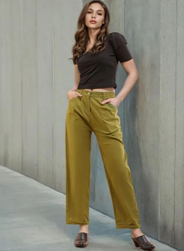 Olive Green Cotton Mid-Rise Trousers for Women – image 4