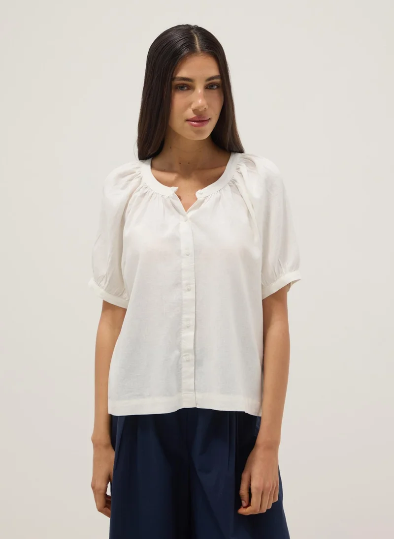 OVS Linen Blend Regular Fit Mandarin Shirt White