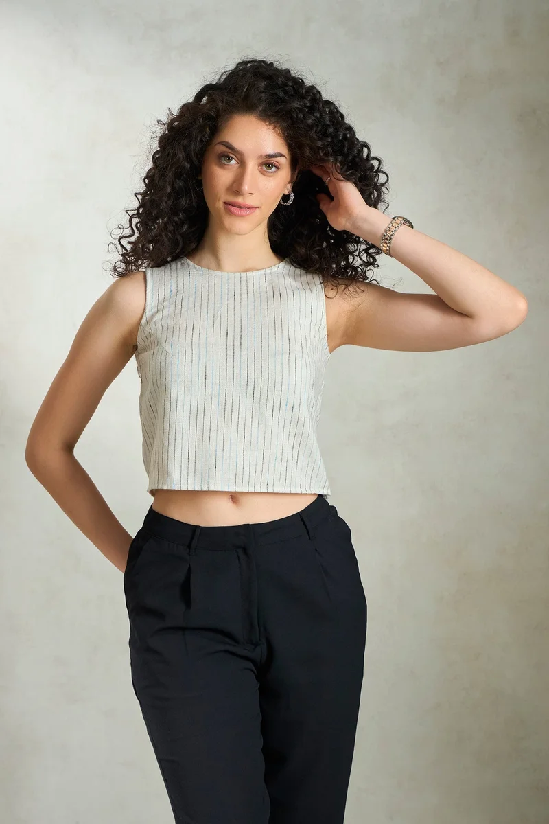 Women's Linen Striped Sleeveless Crop Tops