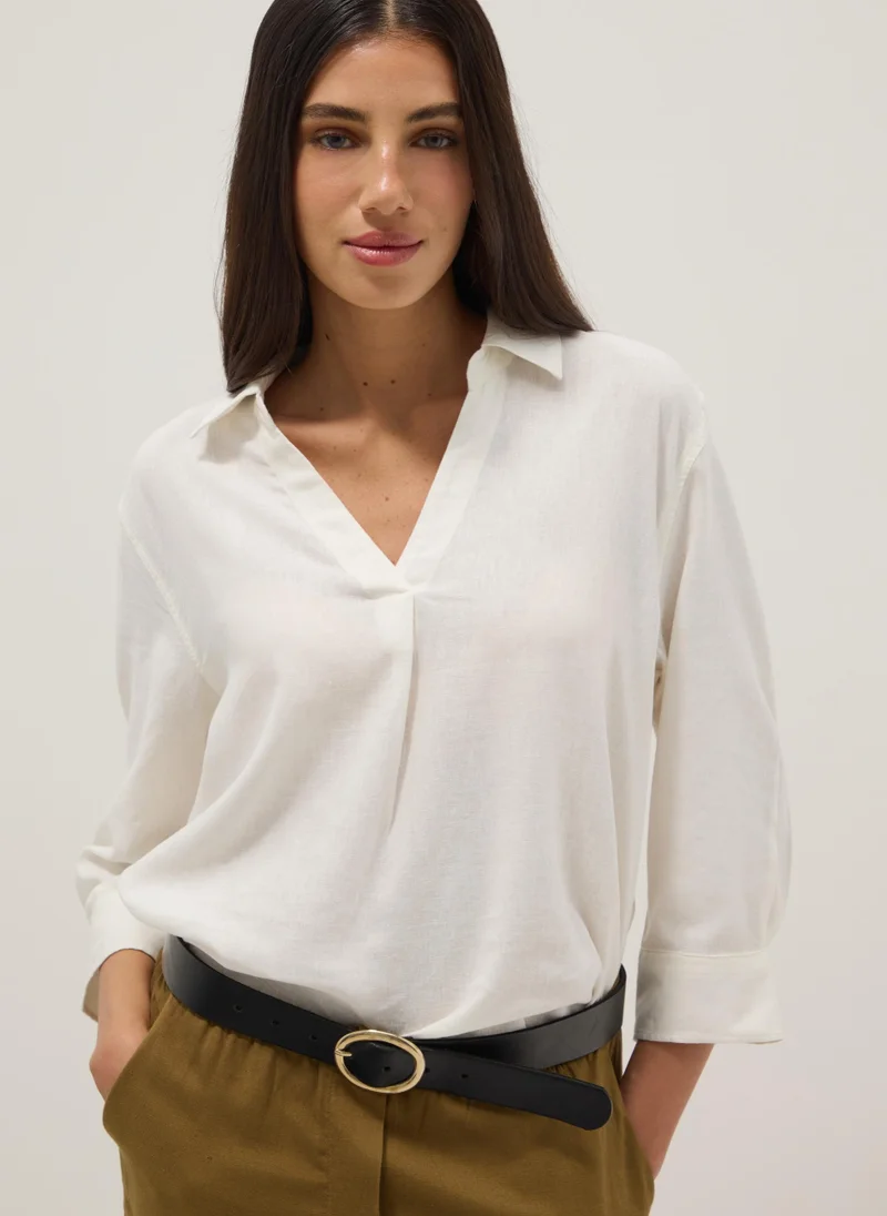 OVS Linen Viscose Blend V-Neck Regular Fit Shirt White