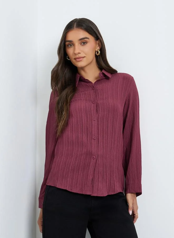 Textured Linen Long Sleeve Shirt, Burgundy