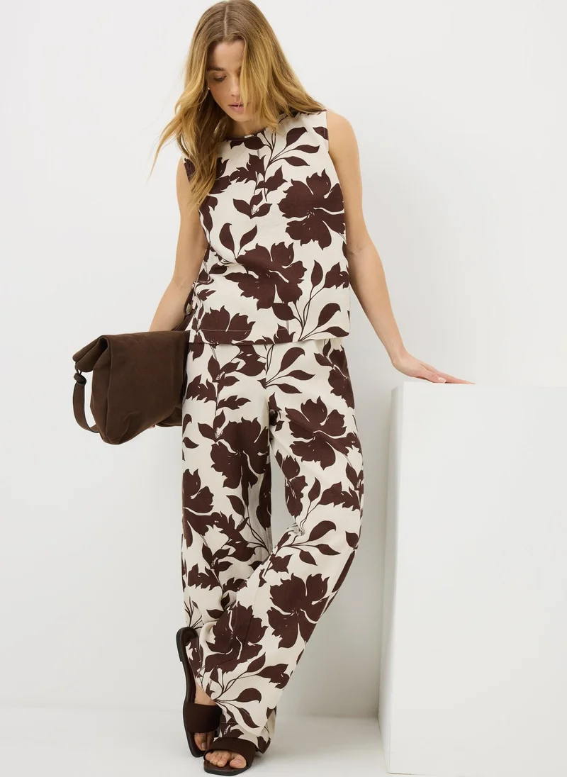 Leaf Linen Wide Leg Co Ord Trousers Chocolate Brown