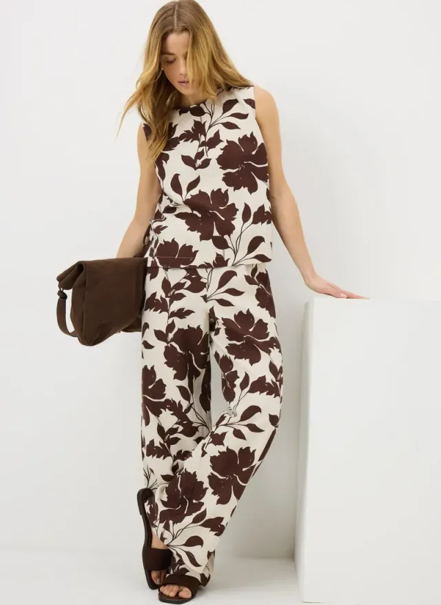 Leaf Linen Wide Leg Co Ord Trousers Chocolate Brown