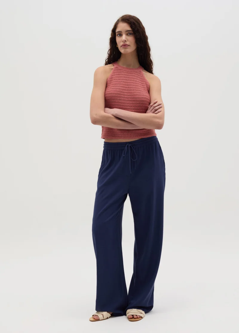 Viscose Linen Palazzo Trousers Blue