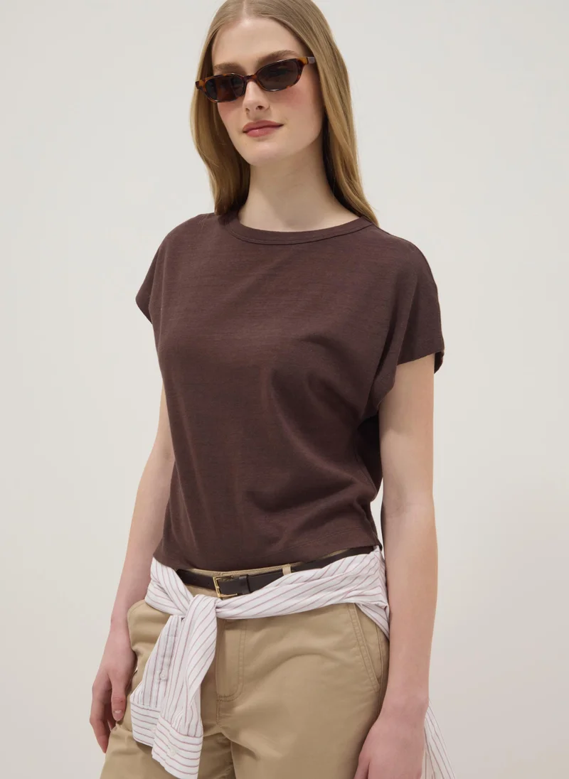 OVS Regular Fit Cotton-Linen Blend Short-Sleeve T-Shirt Brown