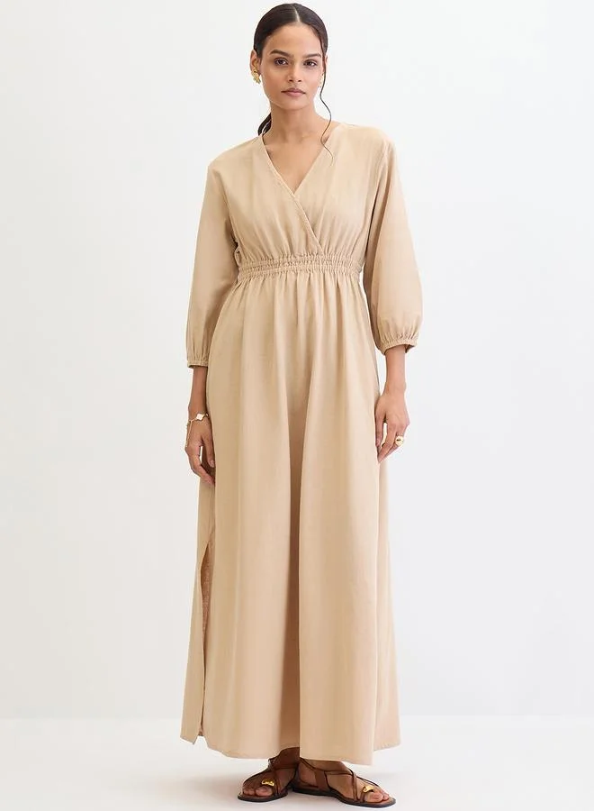 Linen Blend Slit Maxi Dress Beige