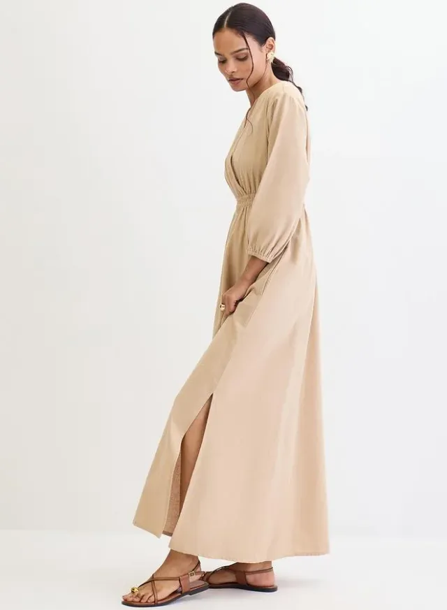 Linen Blend Slit Maxi Dress Beige – image 2