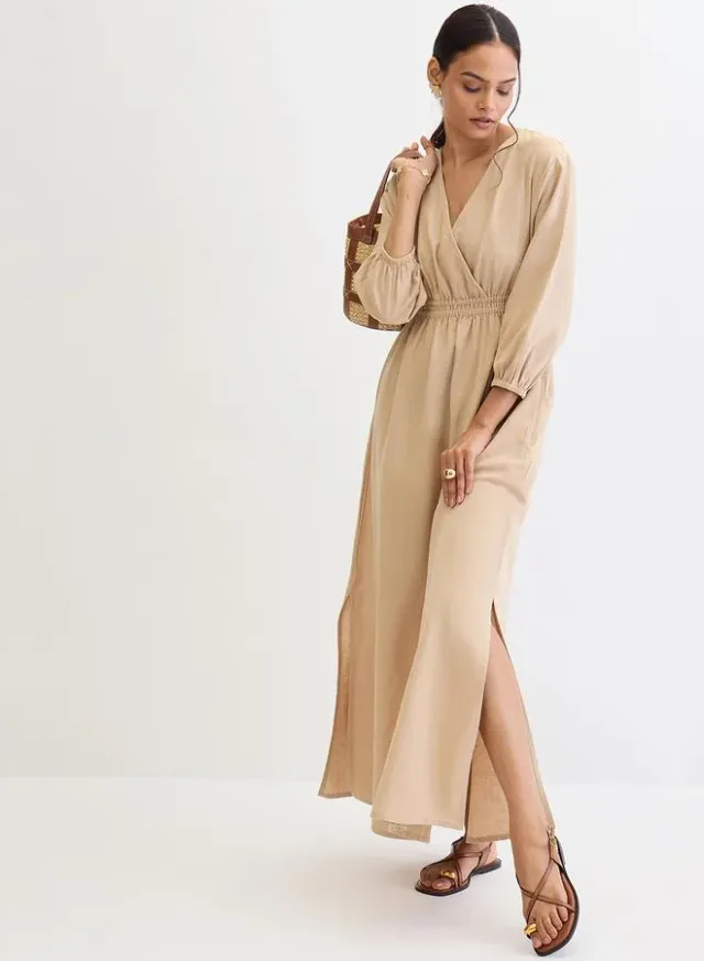 Linen Blend Slit Maxi Dress Beige – image 6
