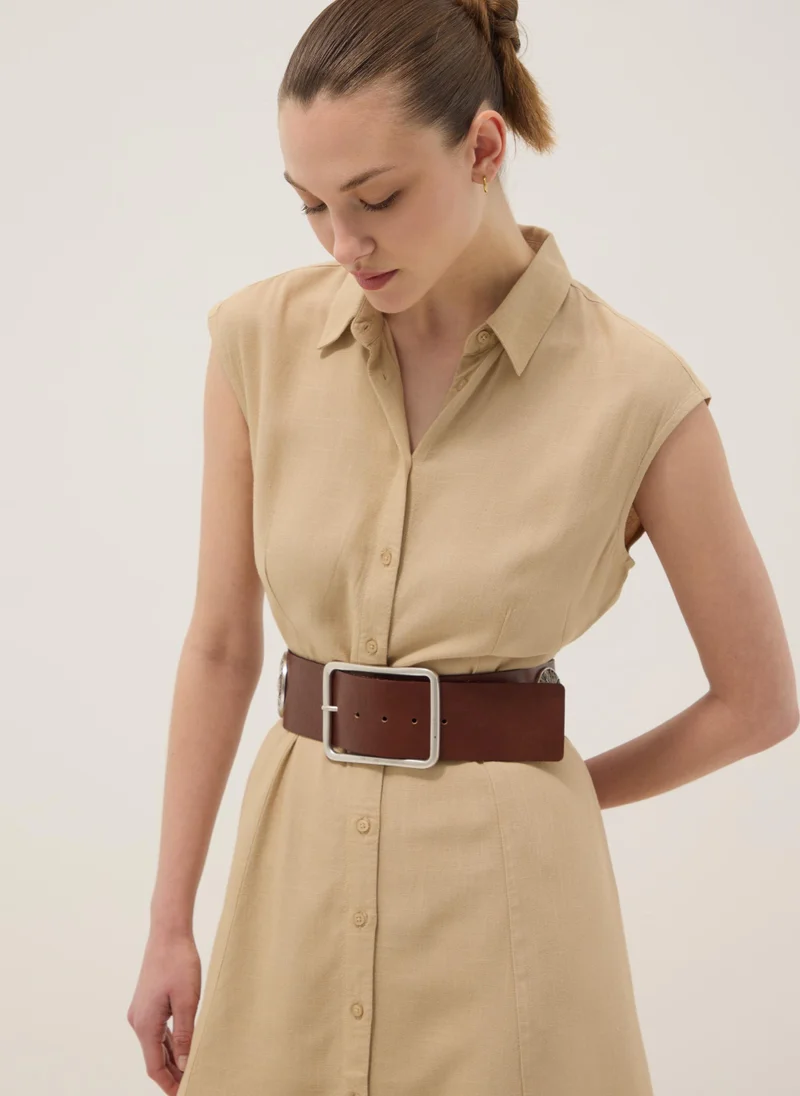 OVS Viscose Linen Blend Shirt Dress Beige