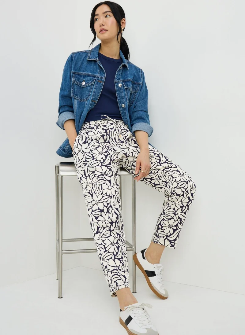 Print Linen Blend Tapered Trousers, Navy