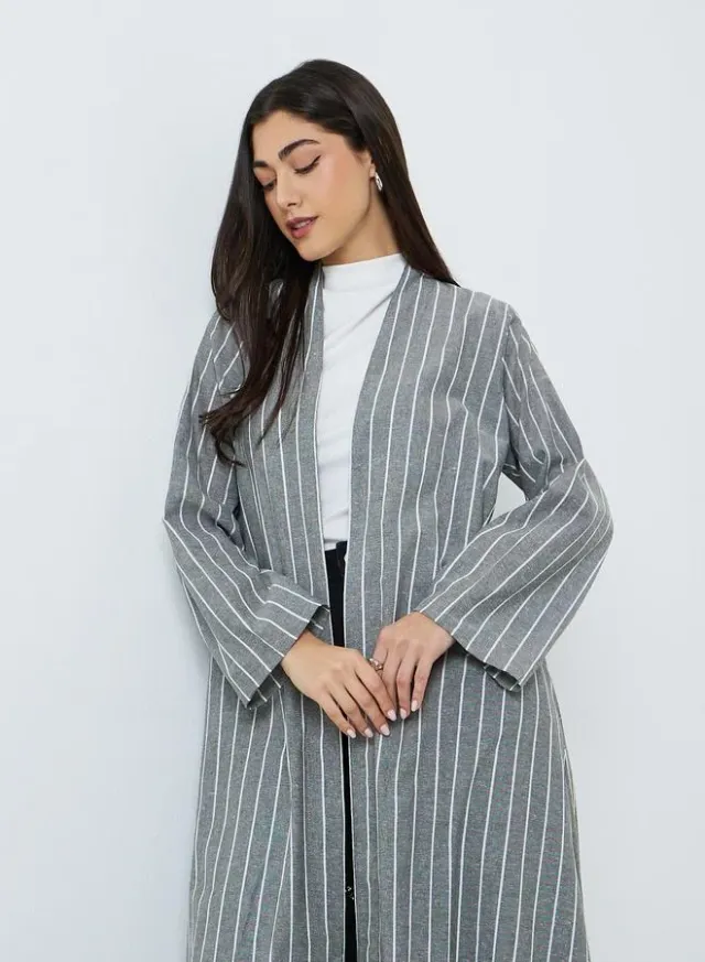 Women's Striped Polyester Abaya with V Neck and Long Sleeves – image 2
