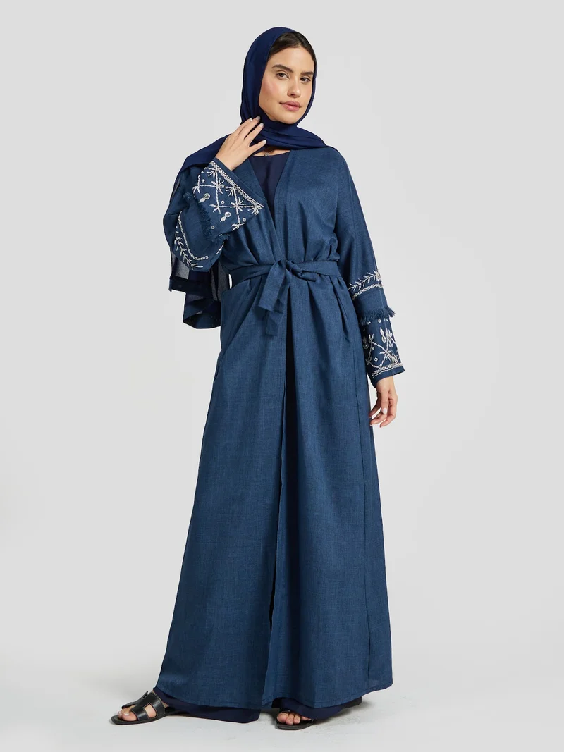 Modest Linen Floral Sleeve Abaya Denim Blue